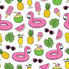 Summer seamless pattern with colorful fruit, drinks, ice cream and beach elements