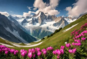  The sharp Alpine peaks of Mont Blanc with snow and glaciers soar above the spring meadows, where rhododendrons bloom - delicate fragrant spring flowers     © Zoya