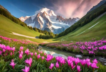 The sharp Alpine peaks of Mont Blanc with snow and glaciers soar above the spring meadows, where rhododendrons bloom - delicate fragrant spring flowers     - obrazy, fototapety, plakaty