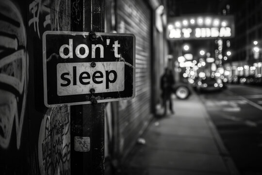 Don't sleep sign on urban street at night with blurred city lights in background. Black and white image