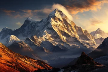 Cercles muraux Himalaya Snowcovered mountain at sunset, with clouds drifting in the sky