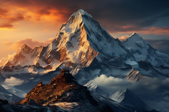 a mountain covered in snow and clouds at sunset