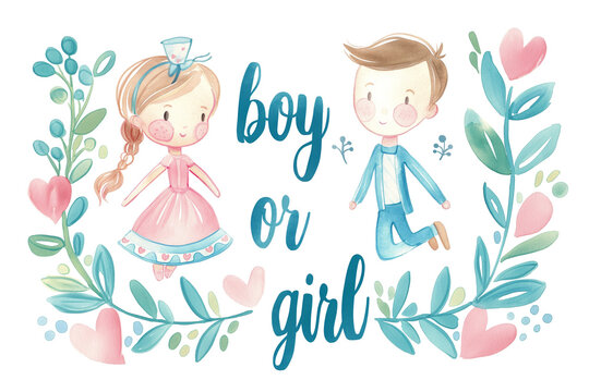 Cartoon boy and girl with floral decoration for gender reveal party, watercolor illustration