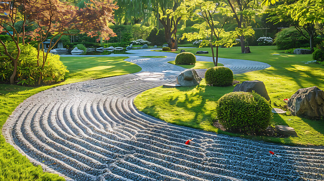 A tranquil Japanese garden with meticulously raked gravel paths and serene koi ponds, evoking a sense of Zen.