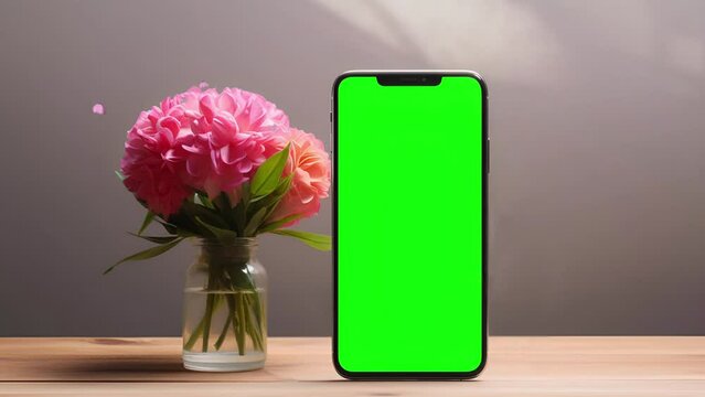 Smartphone green screen with a background of pink flowers and sunlight; is perfect for background projects; 4k virtual video animation.