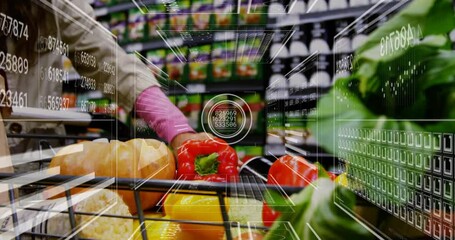 Animation of processing data over caucasian woman with vegetables in shopping cart - Powered by Adobe