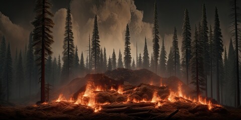 A blaze rages through the mountain forests, with dry grass and trees ablaze in the forefront. - obrazy, fototapety, plakaty