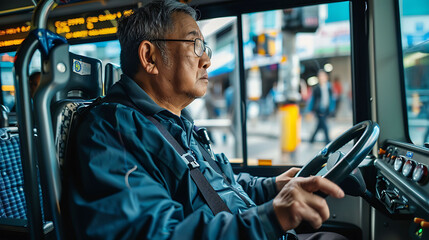 A Bus Driver Providing assistance to passengers with disabilities or special needs and responding to inquiries or concerns courteously and professionally - obrazy, fototapety, plakaty