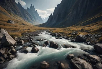 Wandcirkels aluminium mountain river in the mountains © Khani