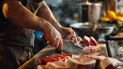 A Butcher Operating meat processing equipment such as grinders, slicers, and saws