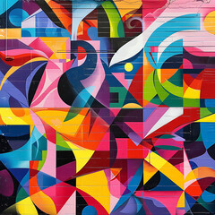 A vibrant street art mural depicting a kaleidoscope of colors and abstract shapes, covering an entire city block