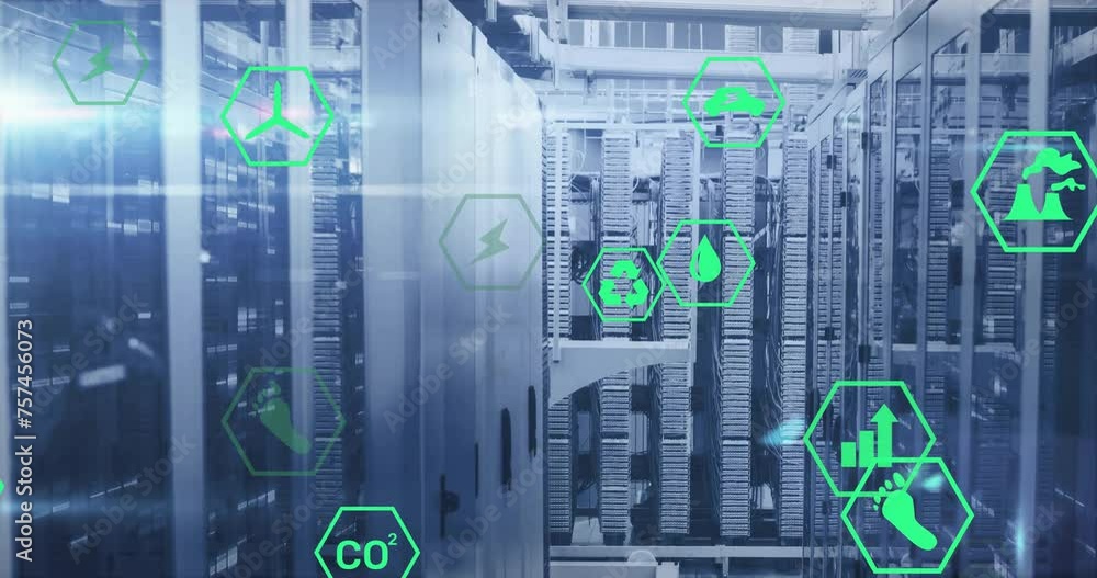 Poster animation of green ecology and energy icons over flashing lights on computer servers
