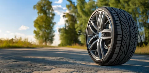 Fotobehang summer tire ad image on alloy wheel rim, wide tyre on summer highway with copy space on green forest © J S