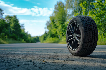 summer tire ad image on alloy wheel rim, tyre on summer highway with copy space on green forest - obrazy, fototapety, plakaty