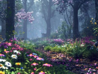 Enchanting Forest - Mystical Ambiance - Forest Flowers - Generate visuals that evoke an enchanting forest ambiance, featuring forest flowers and captivating elements that create a mystical