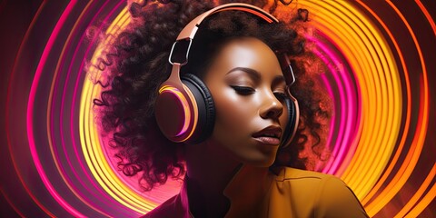 Vibrant headphones adorn the head of a young African American woman, her voluminous curly hair adding to her striking appearance.