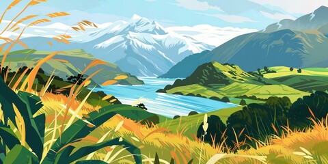 New Zealand landscape illustration with lake and mountains