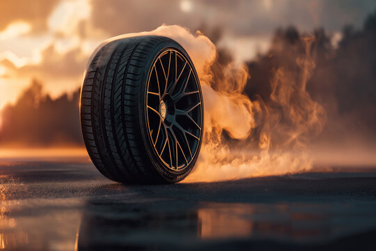 summer tire ad image on alloy wheel rim, tyre burnout smoke and sunset with copy space