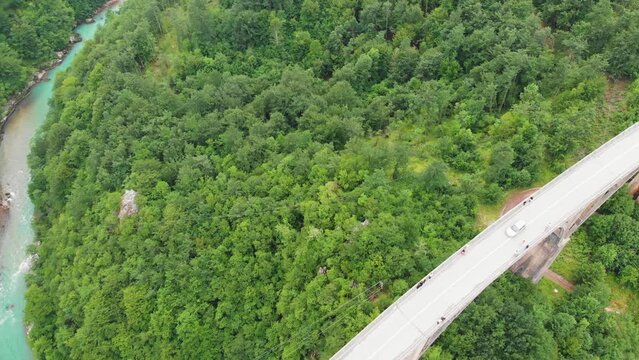 Aerial of Djurdjevica Bridge over Tara river canyon in Montenegro. Grerat tourist attraction and unique architectural structure