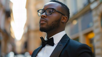 elegant black model in glasses wearing tuxedo and bow tie, profile picture