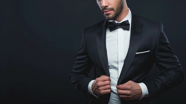 elegant model wearing tuxedo and bow tie isolated on black