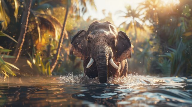 Baby elephant playing in the river Show a cheerful, bright demeanor, paying attention