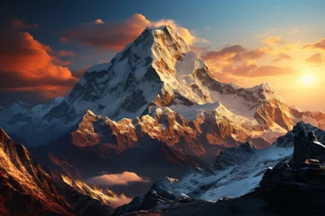 Foto op Canvas Snowcovered mountain under a sunset sky, creating a stunning natural landscape © JackDong