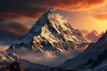 Snowcovered mountain under sunset clouds, a breathtaking natural landscape