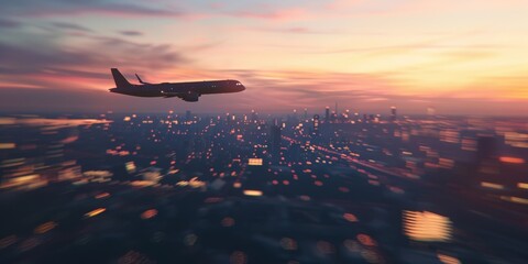 passenger plane flies over the night city Generative AI - 757456452