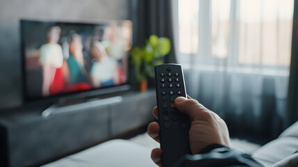 hand of a man holding a remote control while watching tv - obrazy, fototapety, plakaty