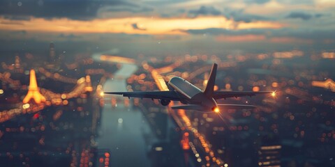 passenger plane flies over the night city Generative AI - obrazy, fototapety, plakaty