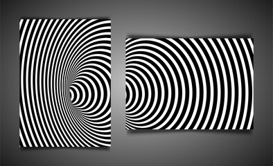 Set template Wormhole Optical Illusion, Geometric Black and White Abstract Hypnotic Worm Hole Tunnel, Vector Abstract Twisted Vector Illusion 3D Optical Art background 