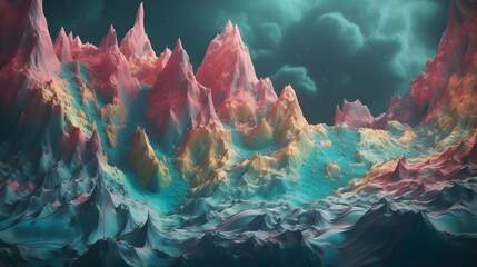 Abstract and Otherworldly Mountain Landscapes, in pastel colors - obrazy, fototapety, plakaty