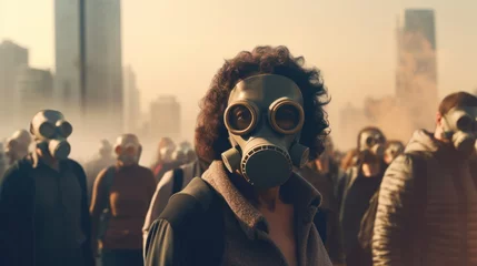 Fototapeten Big cities covered in toxic fumes People wearing masks Depicts the problem of air pollution © venusvi