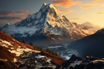 Photo sur Plexiglas Himalaya Snowcovered mountain with a river under a sunset sky