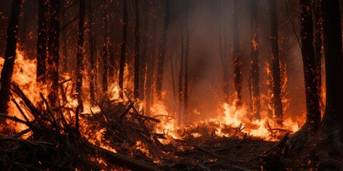 Mountains engulfed in flames as forest fires spread, with dry grass and trees igniting in the foreground
