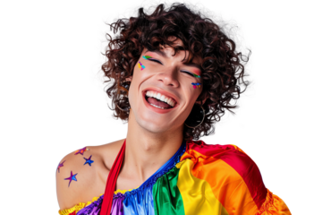 Portrait shot of Young joyful Gay man with colorful lgbt dress isolated on transparent background, Gay transgender smile and posing with trendy lifestyle.