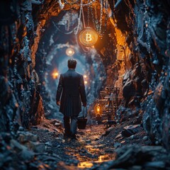A man ventures inside a dark cave illuminated by a large, glowing Bitcoin symbol, evoking themes of risk and discovery