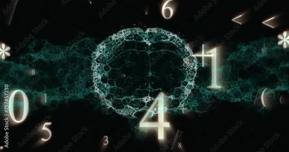 Poster animation of numeric data and symbols over glowing brain network on dark background