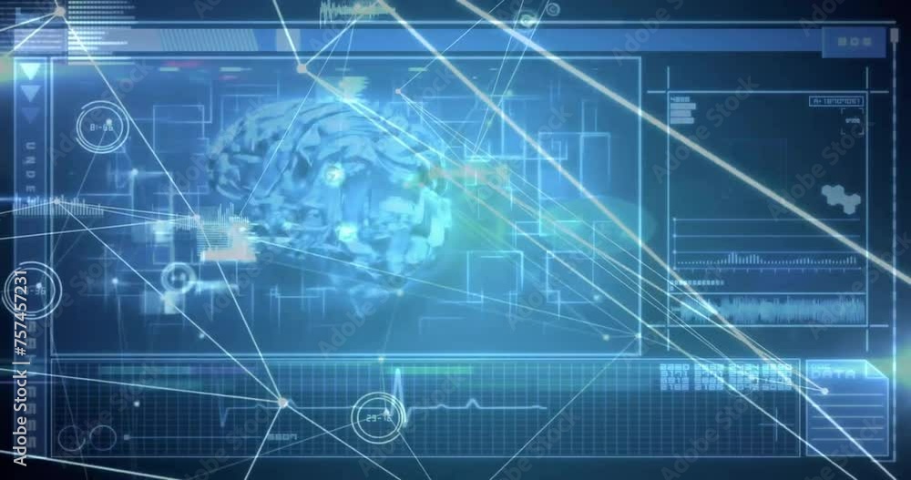 Poster animation of communication network over interface with brain and processing data