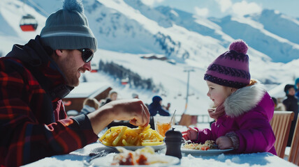 Happy dad and cute kid on vacation in the mountains having lunch in the snow near the ski slopes, sitting outdoors on a restaurant terrace, the father is picking up French fries with his fingers - obrazy, fototapety, plakaty