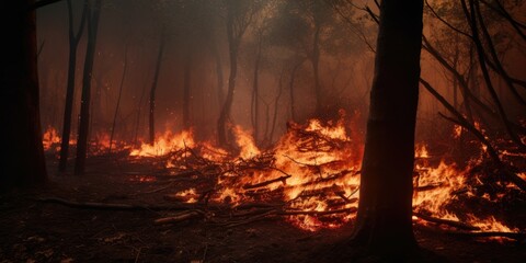 In the mountains, a wildfire consumes the forest, with dry grass and trees alight in the immediate view - obrazy, fototapety, plakaty
