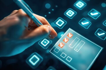 Stylus pen ticking off options on a digital survey, exemplifying data collection and tech interaction