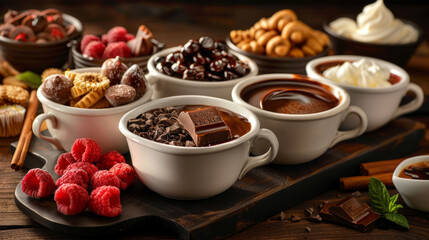 Delicious assortment of chocolates, fondue, and desserts artfully arranged on a wooden board