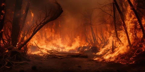 Rolgordijnen Flames engulf the mountainous terrain, with dry grass and trees burning prominently in the foreground. © jambulart