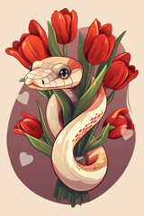 cute snake holding bouquet. Generative AI