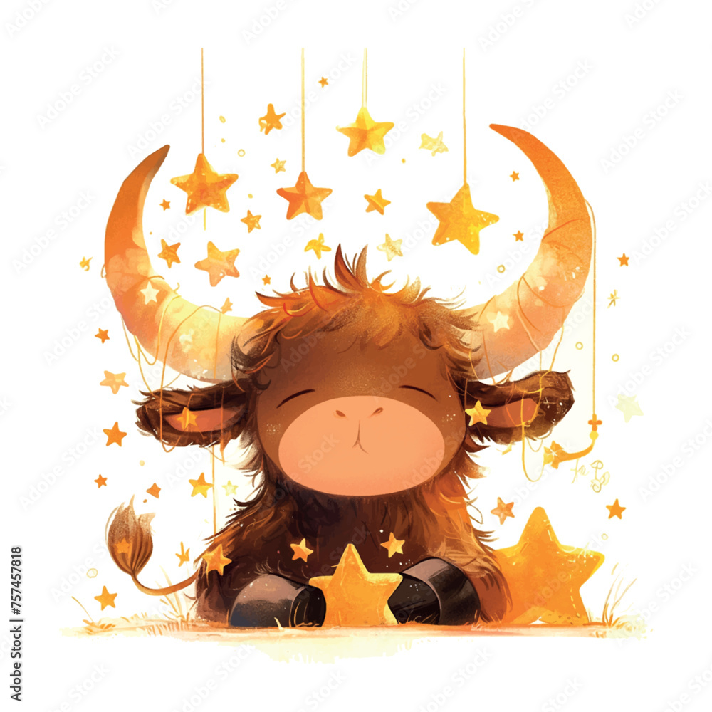 Poster zodiac sign taurus with golden stars illustration on white background