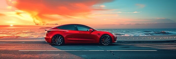 Banner image of a red car standing parked on an asphalt road near a beach with a scenic sea view on a background - Powered by Adobe