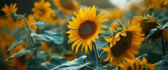 Sunflowers blooming in the rice fields, beautiful scenery, summer scenery, freshness.Generative AI
