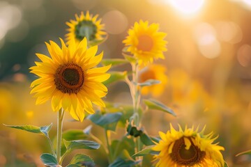 Fototapeta premium Sunflowers blooming in the rice fields, beautiful scenery, summer scenery, freshness.Generative AI